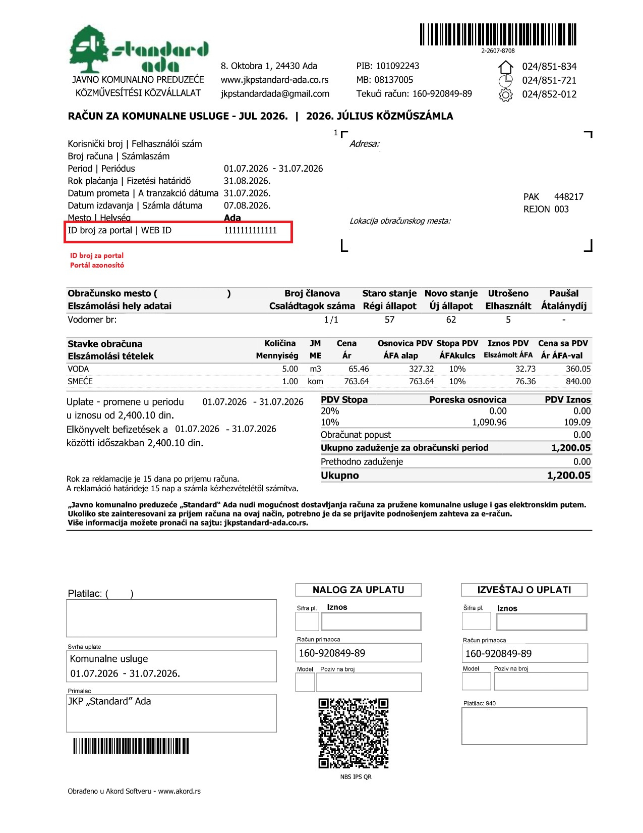 Račun za komunalije - ID broj